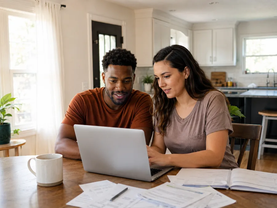 A couple working through paperwork at the kitchen table