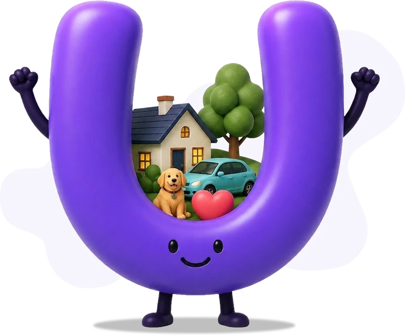 The InsuranU mascot holding a home, car, pet and more